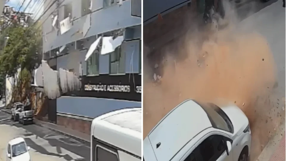 Estrutura de prédio desaba no Centro de Alegre e quase atinge motociclista e carros