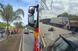 Motociclista é arremessado e fica debaixo de carreta após acidente na Via Expressa