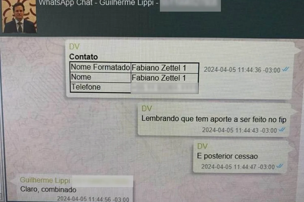 Troca de mensagens de 5 de abril de 2024 entre DV e Guilherme Lippi, em que são abordados o contato de Fabiano Zettel, a realização de aporte no FIP e a posterior cessão.