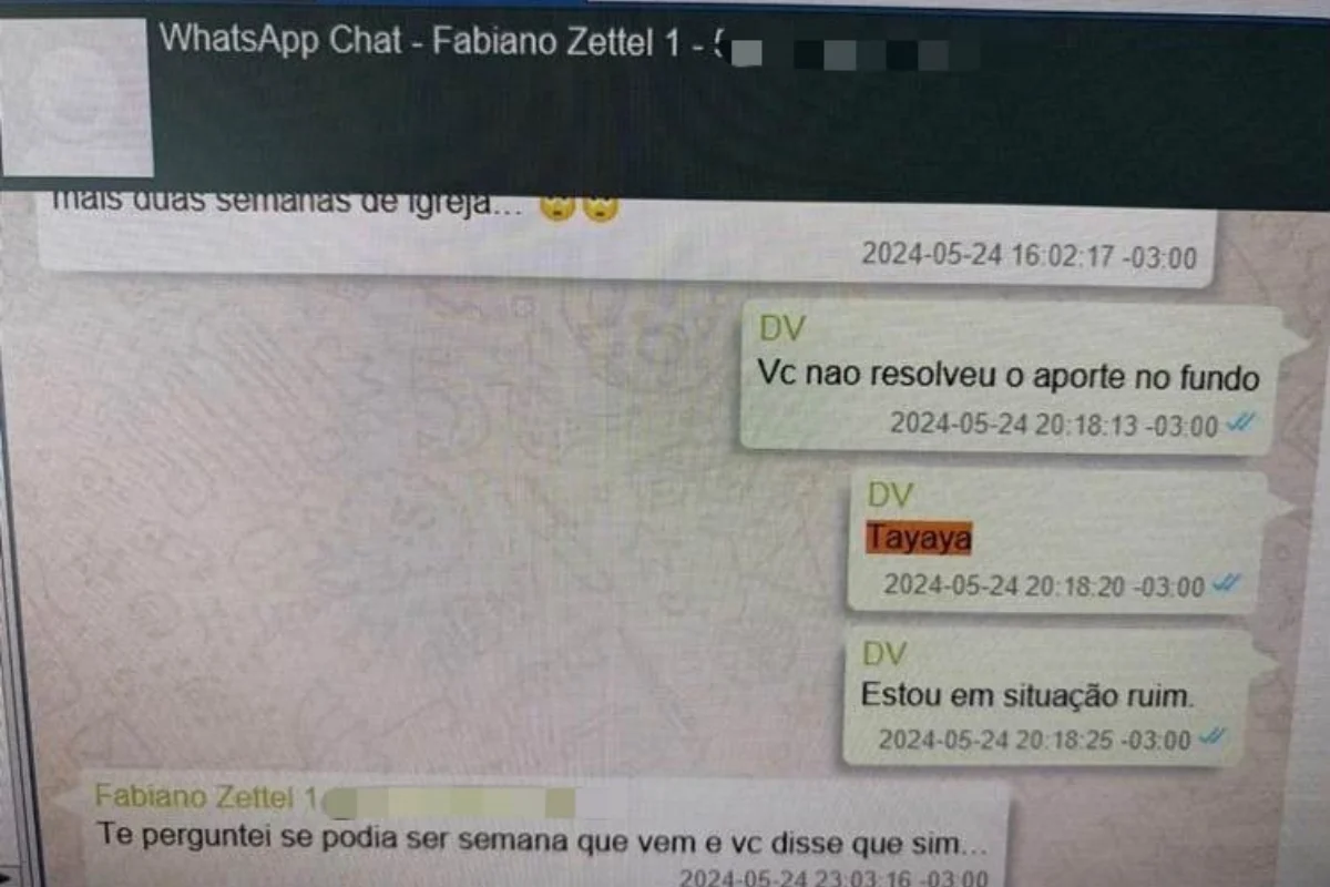 Em conversa do dia 24 de maio de 2024, interlocutor cobra o impasse no aporte do fundo Tayaya e relata estar em situação crítica.