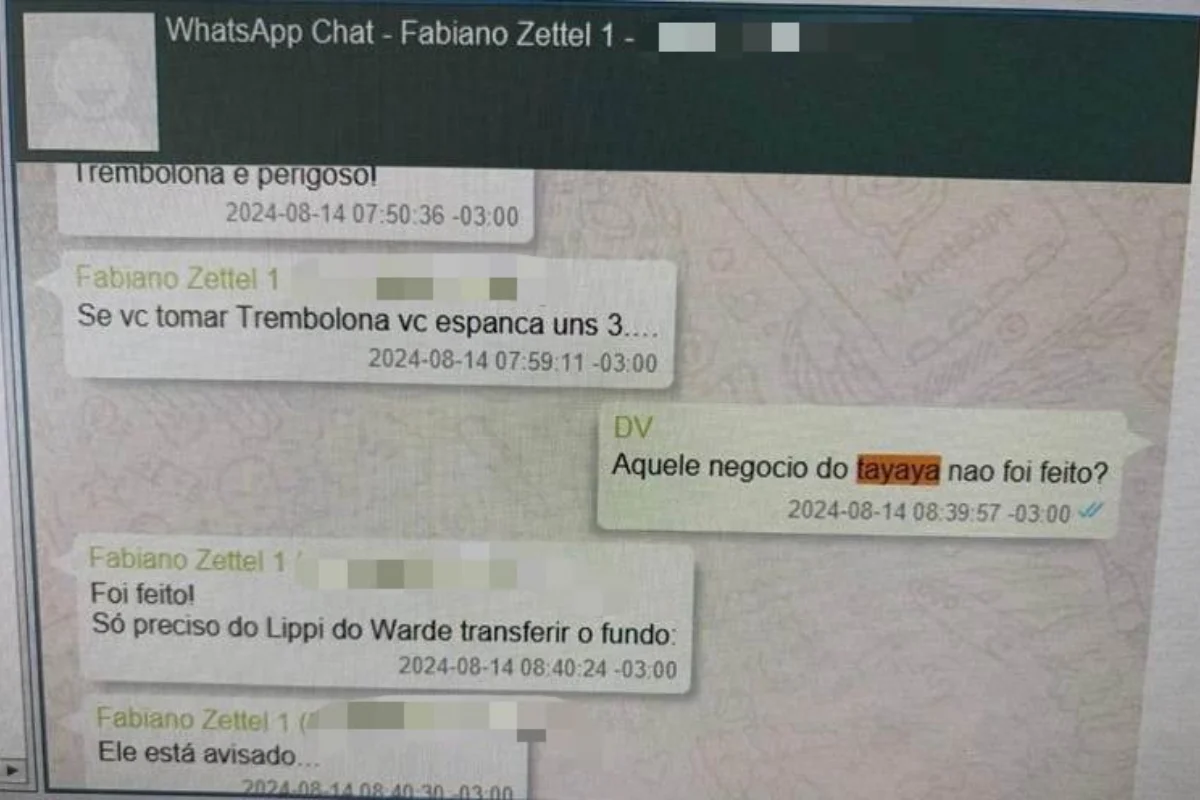 Mensagens do dia 14 de agosto de 2024 discutindo a transferência do fundo Tayaya e citando pendência com Guilherme Lippi.