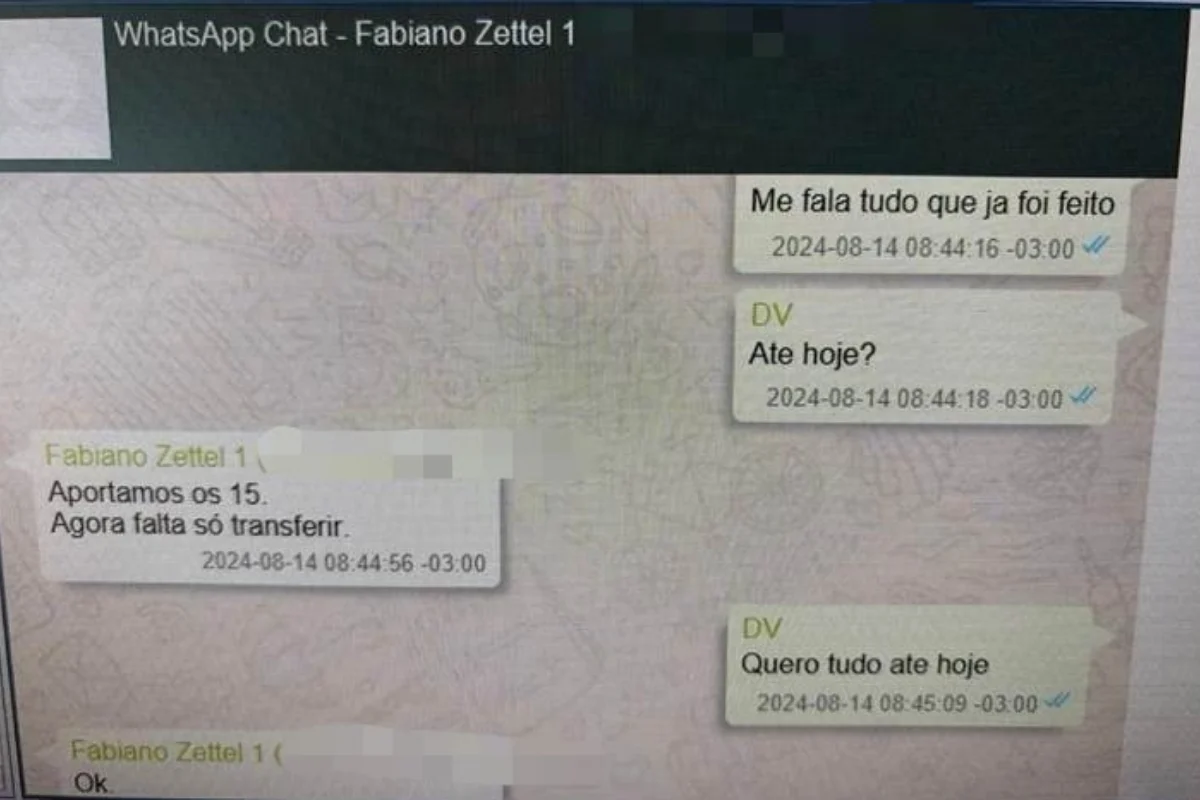 Em conversa de 14 de agosto, é mencionado o aporte prévio de R$ 15 milhões e a cobrança por um relatório do que foi realizado.