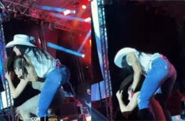 Ana Castela tenta subir nas costas de prefeita e as duas caem durante show em SP