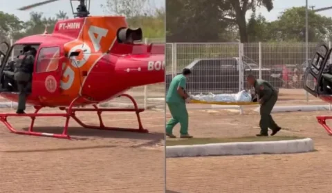 Jovem baleado acidentalmente é resgatado de helicóptero após seca dificultar acesso em Rondônia