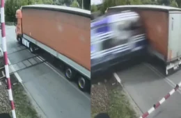 Caminhão fica preso nos trilhos e é Caminhão em cheio por trem na Polônia