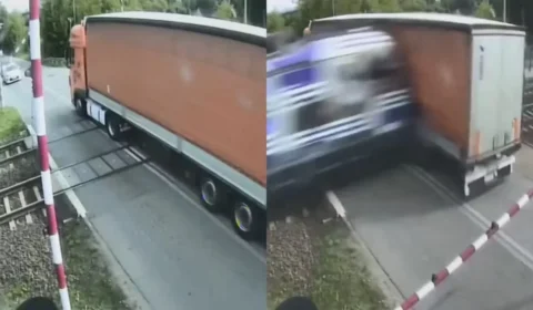 Caminhão fica preso nos trilhos e é Caminhão em cheio por trem na Polônia