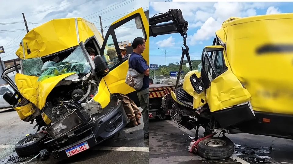 Van perde controle e bate em passarela na BR-101 em João Pessoa; motorista é resgatado das ferragens