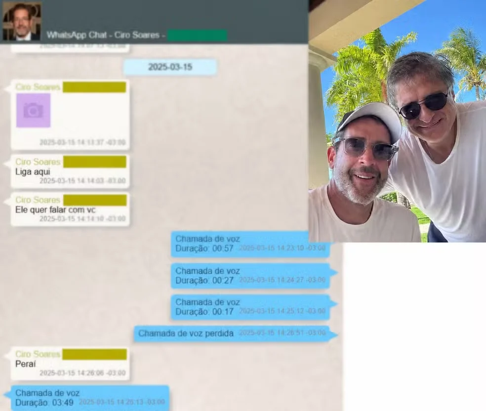 Ciro Soares enviou uma foto com Gonet a Vorcaro e enviou uma mensagem dizendo "Liga aqui. Ele quer falar com vc'. Foto: Reprodução/Relatório da PF