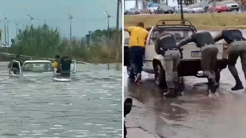 Policiais entram em enchente e resgatam casal preso dentro de carro em Goiás