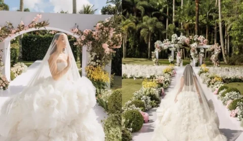 Larissa Manoela revela que vestido de casamento pesava 20 kg e véu chegava a 15 kg
