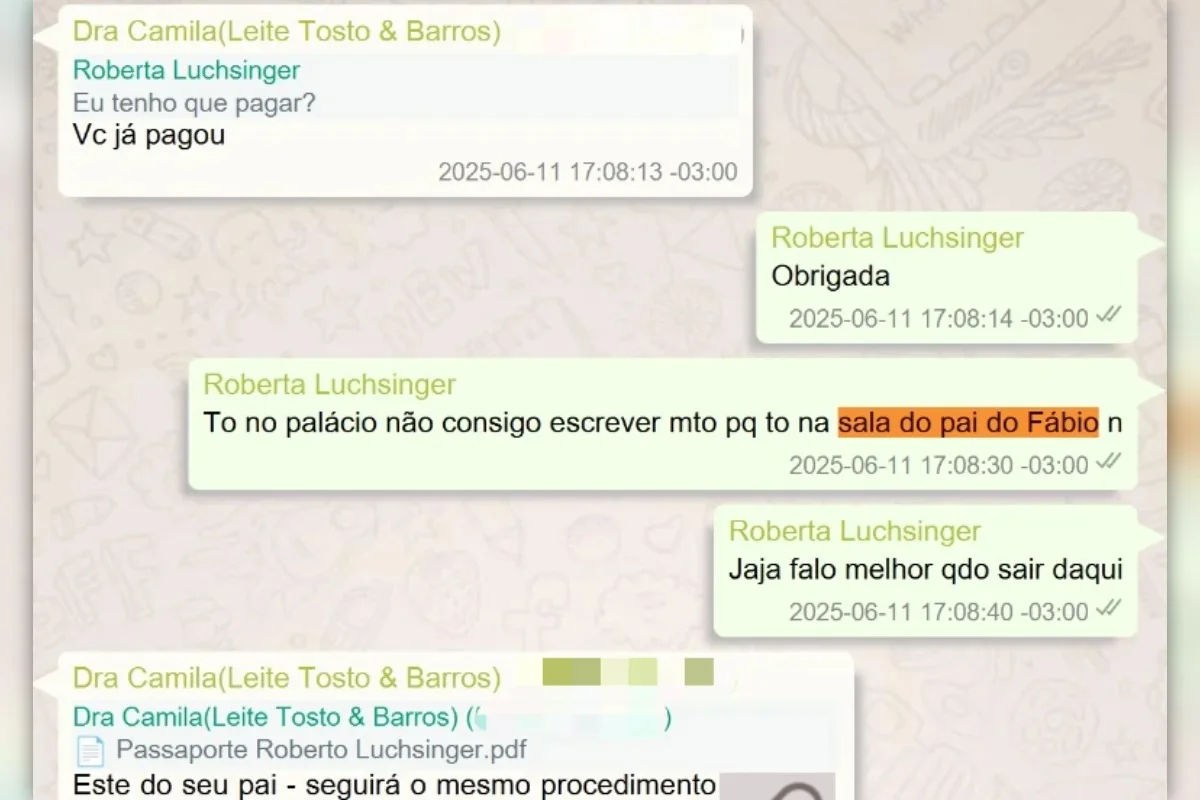 Troca de mensagens datada de 11 de junho de 2025 entre Roberta Luchsinger e Dra. Camila (Leite Tosto & Barros), na qual Luchsinger afirma estar no palácio "na sala do pai do Fábio".