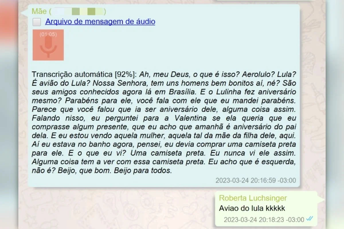 Transcrição de mensagem de áudio e resposta de Roberta Luchsinger datadas de 24 de março de 2023, nas quais é mencionada a viagem no "Aviao do lula" e a proximidade com familiares e interlocutores políticos.