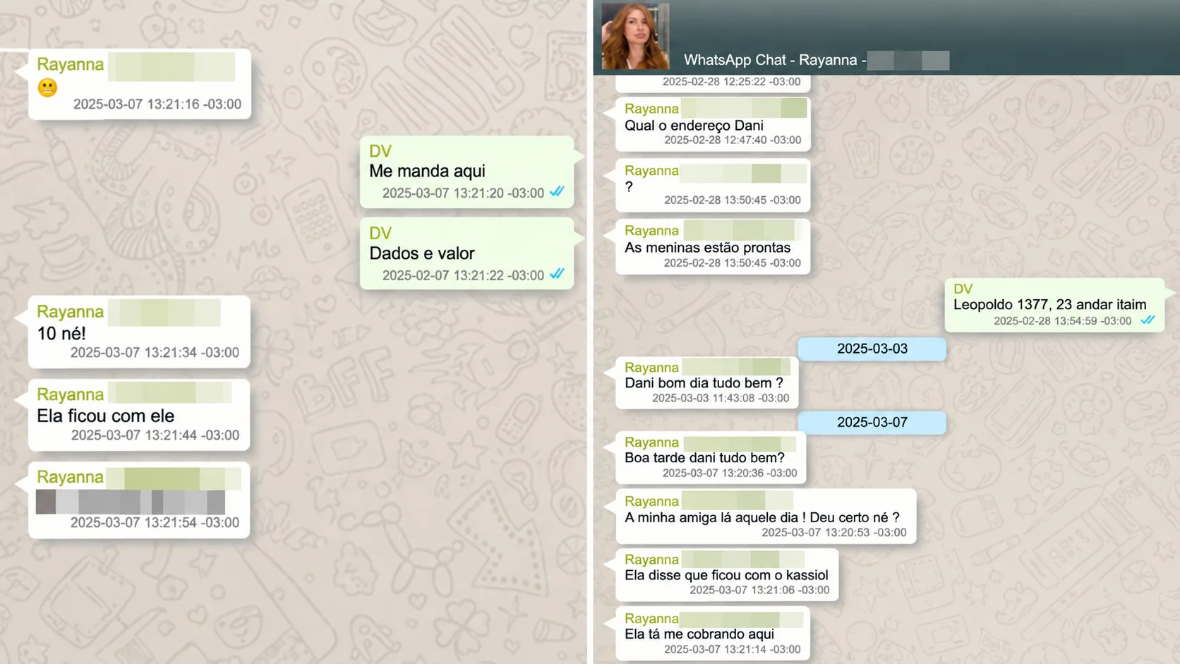 Mensagem encontradas no celular do banqueiro Daniel Vorcaro mostram que uma mulher identificada como Rayanna falou com ele acerca de um encontro com mulheres e afirmou que uma delas “ficou com o kassio”.