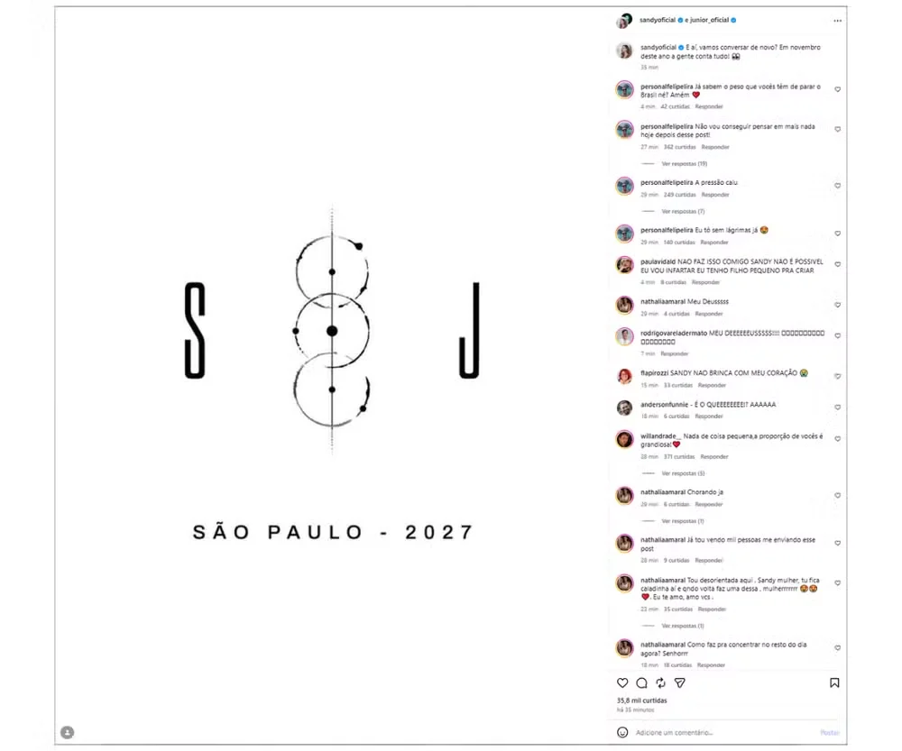 A publicação não informou se o projeto envolve um novo show, turnê, evento especial ou outro formato de participação dos artistas.