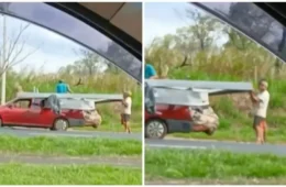 Trio é flagrado levando ponto de ônibus inteiro em caminhonete no interior de SP