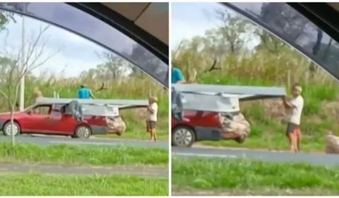 Trio é flagrado levando ponto de ônibus inteiro em caminhonete no interior de SP