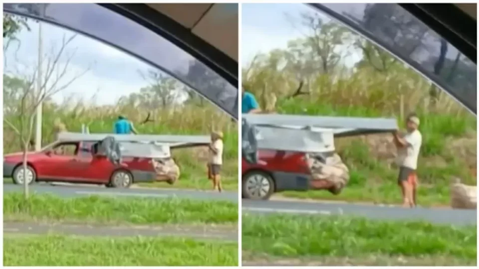 Trio é flagrado levando ponto de ônibus inteiro em caminhonete no interior de SP