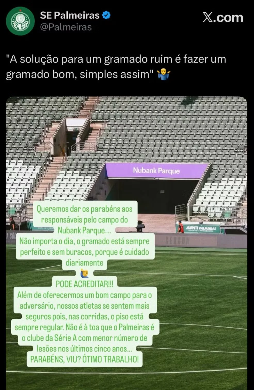 A publicação do Palmeiras reproduziu o estilo utilizado por Neymar em sua crítica e aproveitou para destacar a qualidade do campo utilizado pelo clube. A provocação aconteceu um dia depois de o Santos ser eliminado da Copa do Brasil pelo próprio Palmeiras.