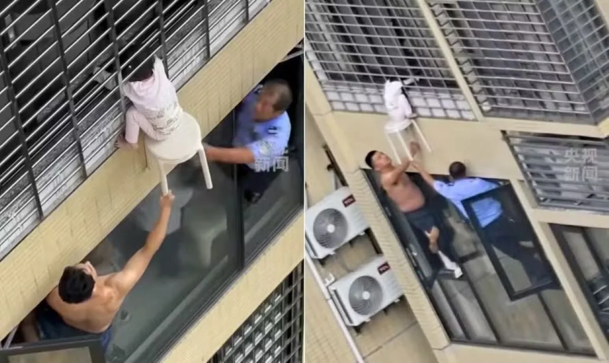 Como não havia acesso imediato ao interior do apartamento, os socorristas precisaram forçar a entrada no imóvel para alcançar a criança pelo lado de dentro.
