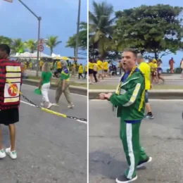 Homem negro aparece acorrentado durante ato de apoio a Flávio Bolsonaro no Rio