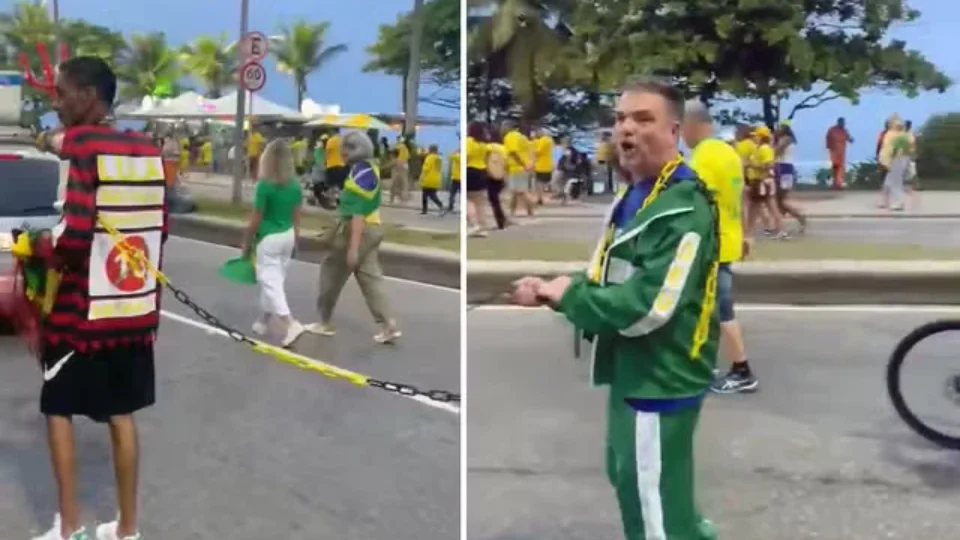 Homem negro aparece acorrentado durante ato de apoio a Flávio Bolsonaro no Rio