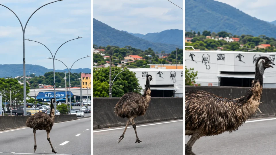 Emu de quase 2 metros é flagrado solto entre carros em viaduto de Campo Grande