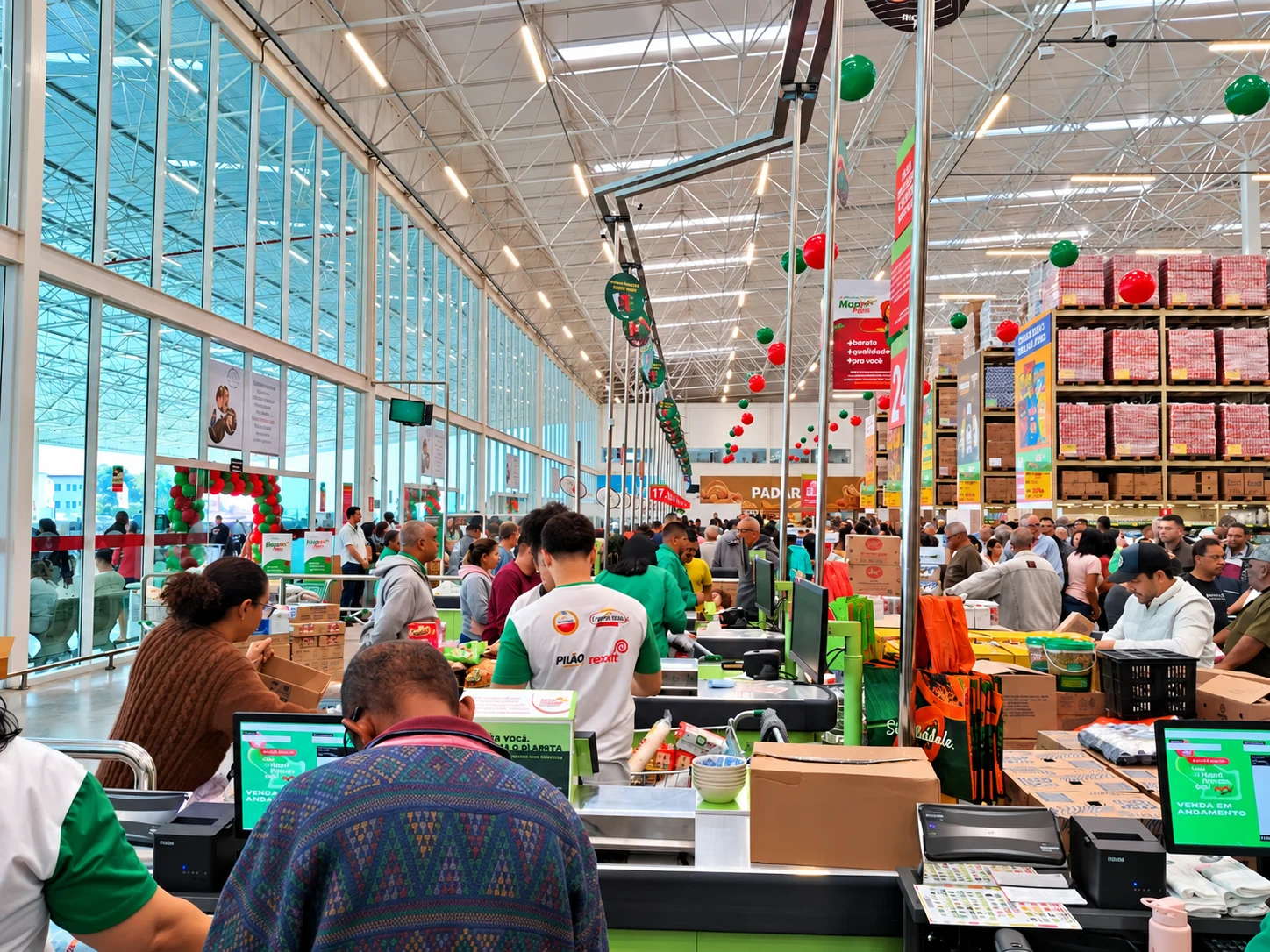 Caixas e compras no supermercado movimentado