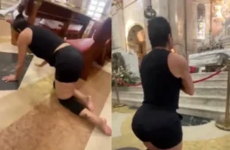 Gretchen entra de joelhos em igreja de Belém para pagar promessa após melhora de doença