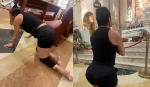 Gretchen entra de joelhos em igreja de Belém para pagar promessa após melhora de doença