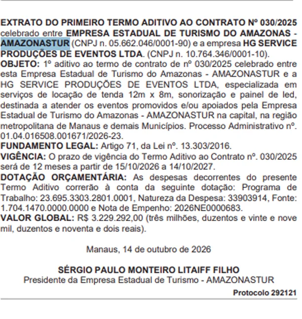 Amazonastur prorrogou três contratos para locação de estruturas destinadas a eventos no Amazonas.