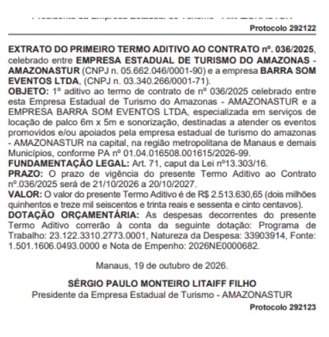 Contratos da Amazonastur incluem a locação de palcos, tendas, equipamentos de sonorização e painéis de LED para eventos em Manaus e municípios do interior do Amazonas.