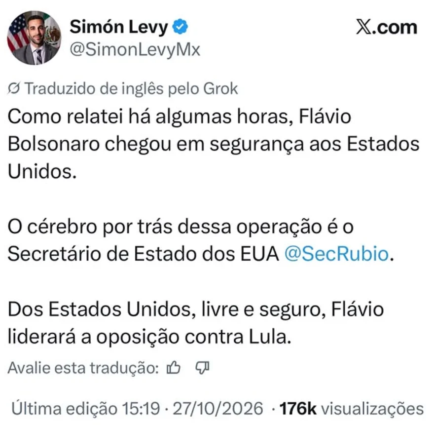 Em publicação na rede social X, Simón Levy afirma que Flávio Bolsonaro chegou em segurança aos Estados Unidos e atribui a operação ao secretário de Estado Marco Rubio. Foto: Reprodução/X.