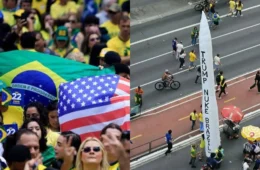 Apoiadores de Flávio levam míssil inflável com pedido para Trump bombardear o Brasil