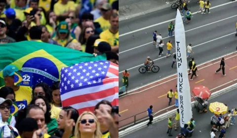 Apoiadores de Flávio levam míssil inflável com pedido para Trump bombardear o Brasil