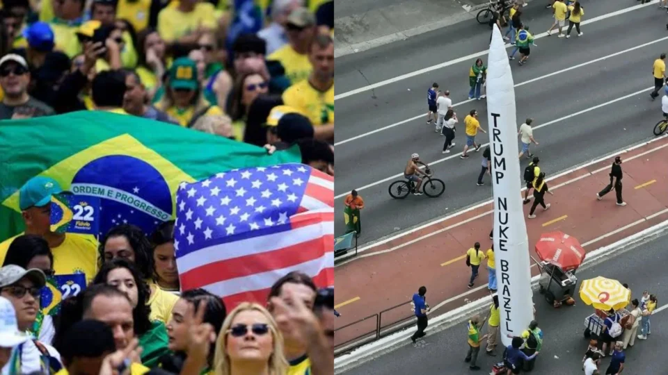 Apoiadores de Flávio levam míssil inflável com pedido para Trump bombardear o Brasil