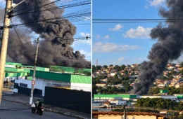 Fábrica em Sete Lagoas pega fogo e provoca grande coluna de fumaça