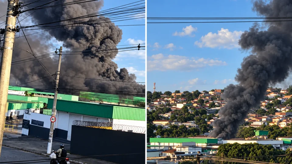 Fábrica em Sete Lagoas pega fogo e provoca grande coluna de fumaça