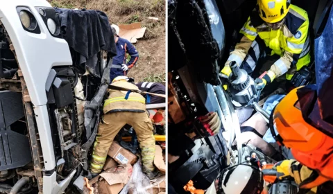 Caminhão tomba na BR-381 e provoca lentidão em João Monlevade (MG)