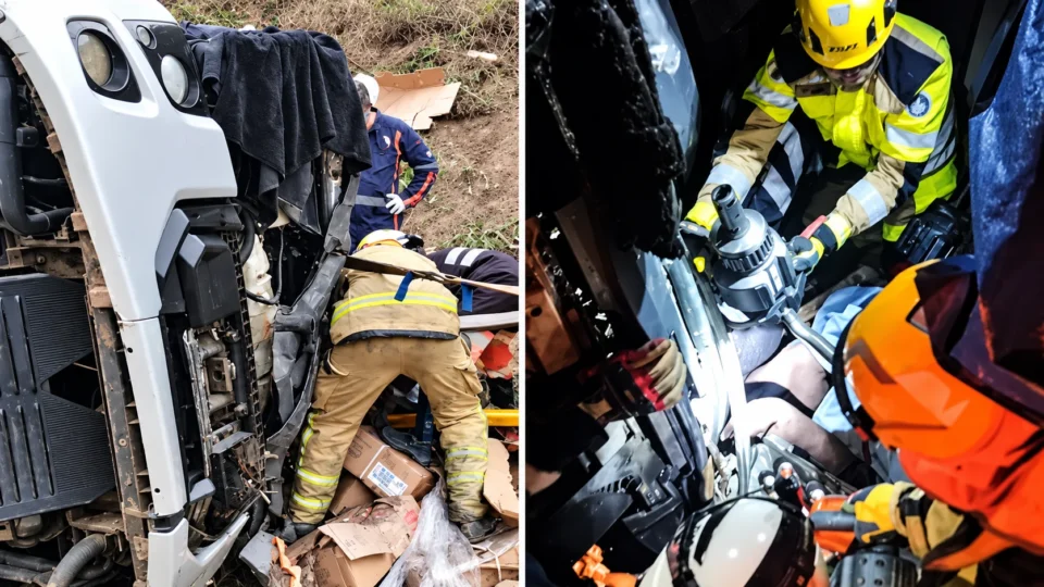 Caminhão tomba na BR-381 e provoca lentidão em João Monlevade (MG)