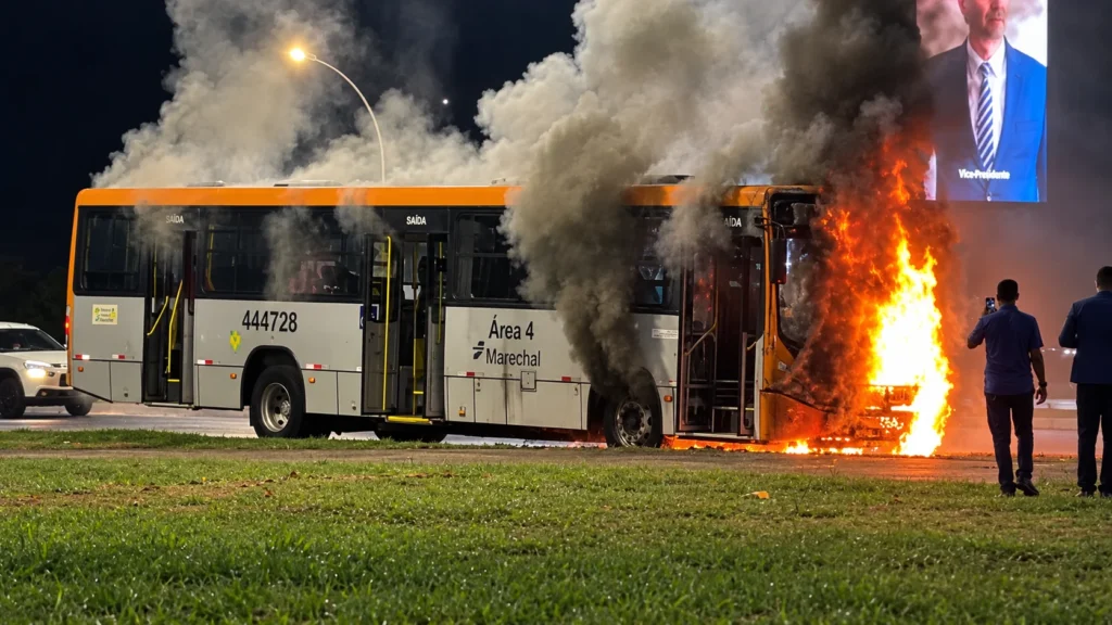 Incêndio atingiu a parte dianteira do veículo na noite de terça-feira (27); segundo a empresa, ônibus de 2019 passou por manutenção na véspera.