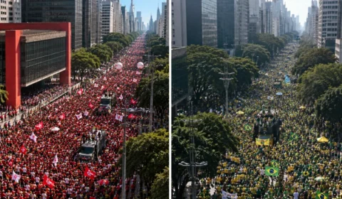 Lula x Flávio Bolsonaro na Paulista: compare imagens das manifestações