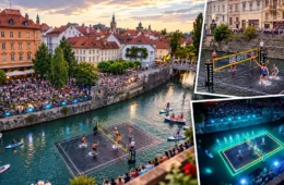 Parece inteligência artificial, mas é real: torneio de vôlei acontece dentro de rio na Europa