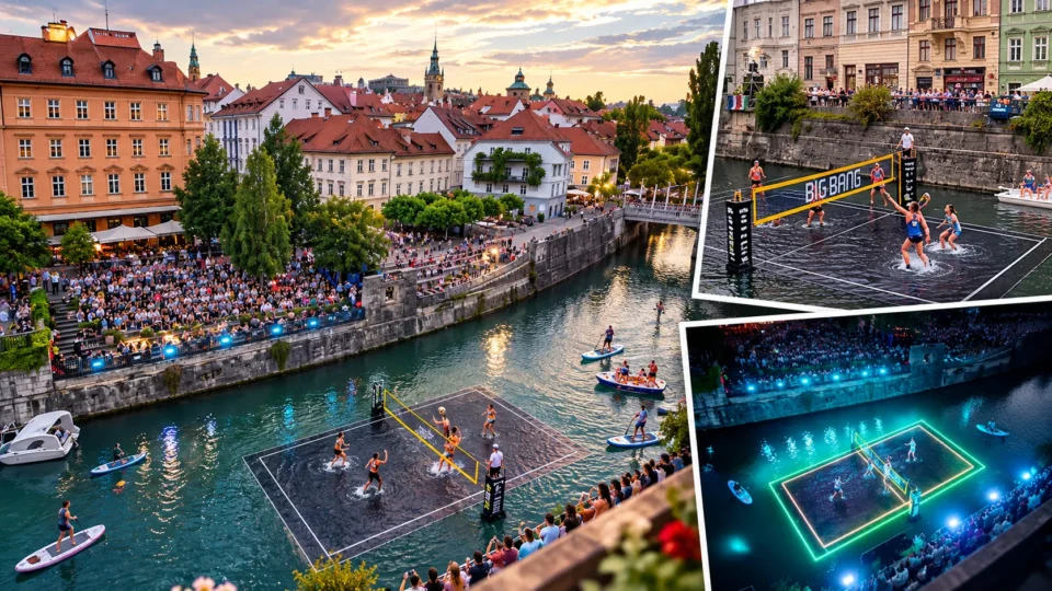 Parece inteligência artificial, mas é real: torneio de vôlei acontece dentro de rio na Europa