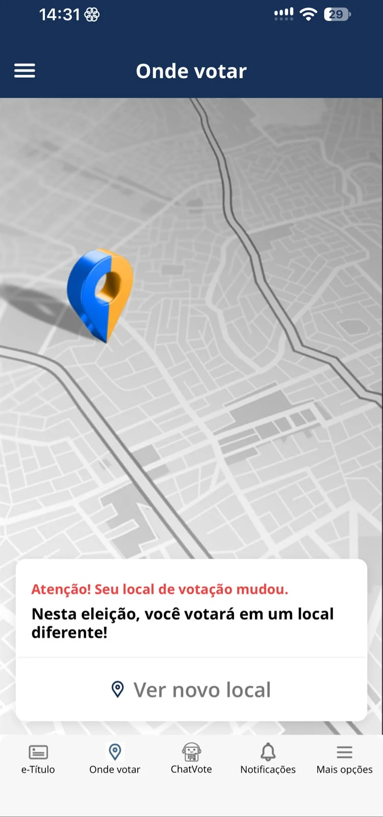 Eleitor relata ter recebido aviso de alteração do local de votação no aplicativo da Justiça Eleitoral.