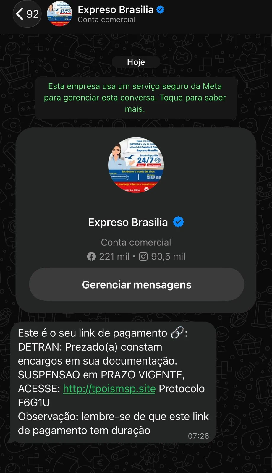 Mensagem falsa enviada em nome do Detran-DF apresenta supostas multas e suspensão da CNH e direciona usuários para um link de pagamento.