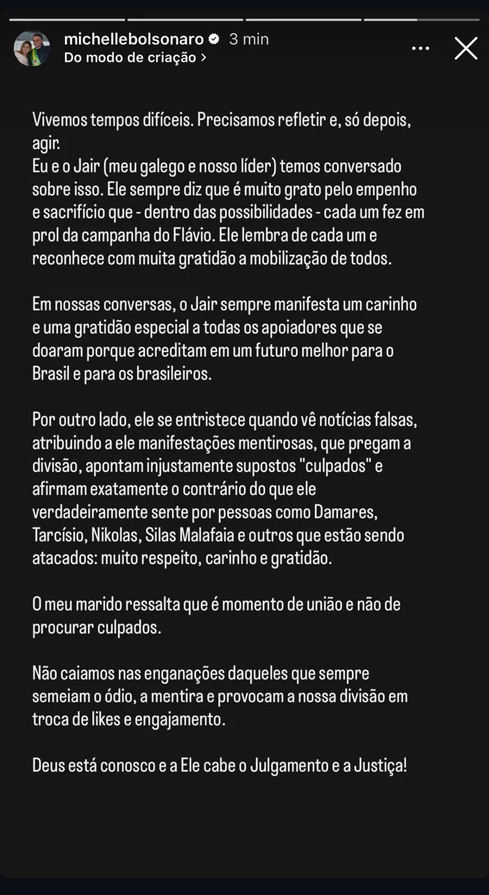 Michelle Bolsonaro afirmou que Jair Bolsonaro demonstra gratidão aos aliados que participaram da campanha de Flávio e defende a união do grupo político.