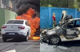 VÍDEO: Carro pega fogo em Natal, fica com a frente destruída e motorista escapa ilesa