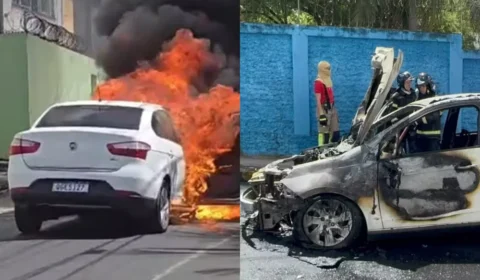 VÍDEO: Carro pega fogo em Natal, fica com a frente destruída e motorista escapa ilesa
