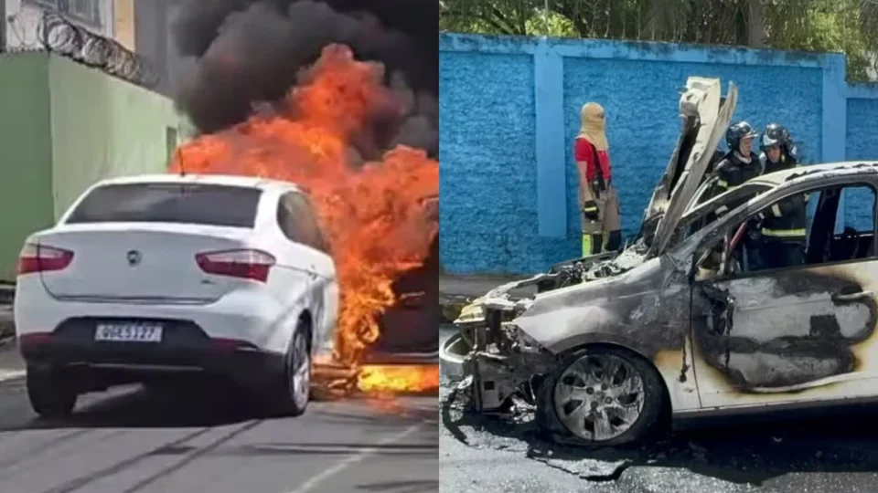 VÍDEO: Carro pega fogo em Natal, fica com a frente destruída e motorista escapa ilesa