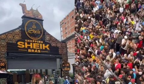 Após polícia barrar inauguração, empresário joga brindes para multidão no Brás